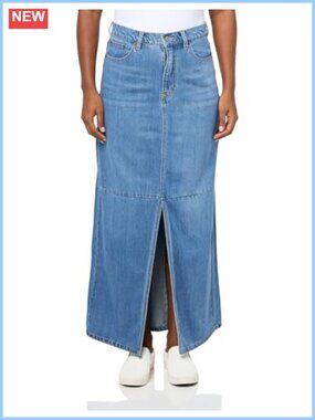 Long Denim Skirt with Front Slit Straight Silhouette Mid Rise